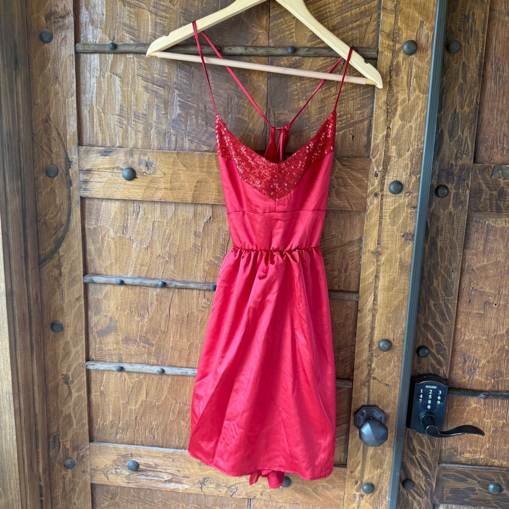 Wildcat Mini Sequin Open Back Dress Womens Medium Red Satin V-Neck Fit & Flare